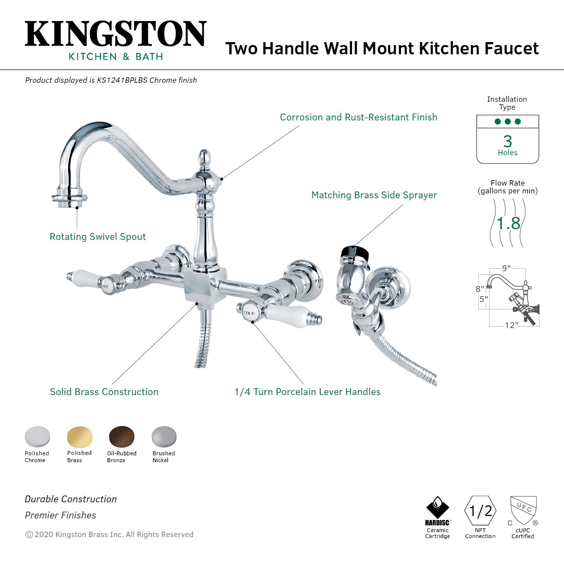 Kingston Heirloom KS1242BPLBS - Bel-Air Two-Handle 3-Hole Wall Mount Bridge Kitchen Faucet with Brass Sprayer, Polished Brass — thumbnail 2